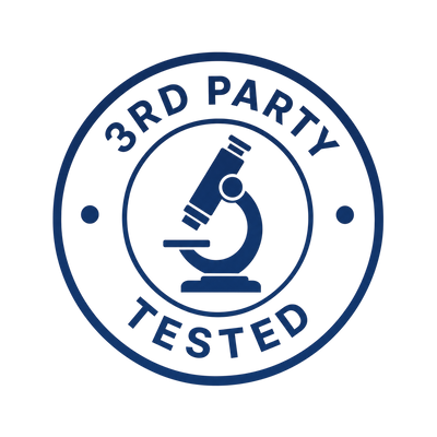 A logo saying 3rd party tested with a microscope in the middle