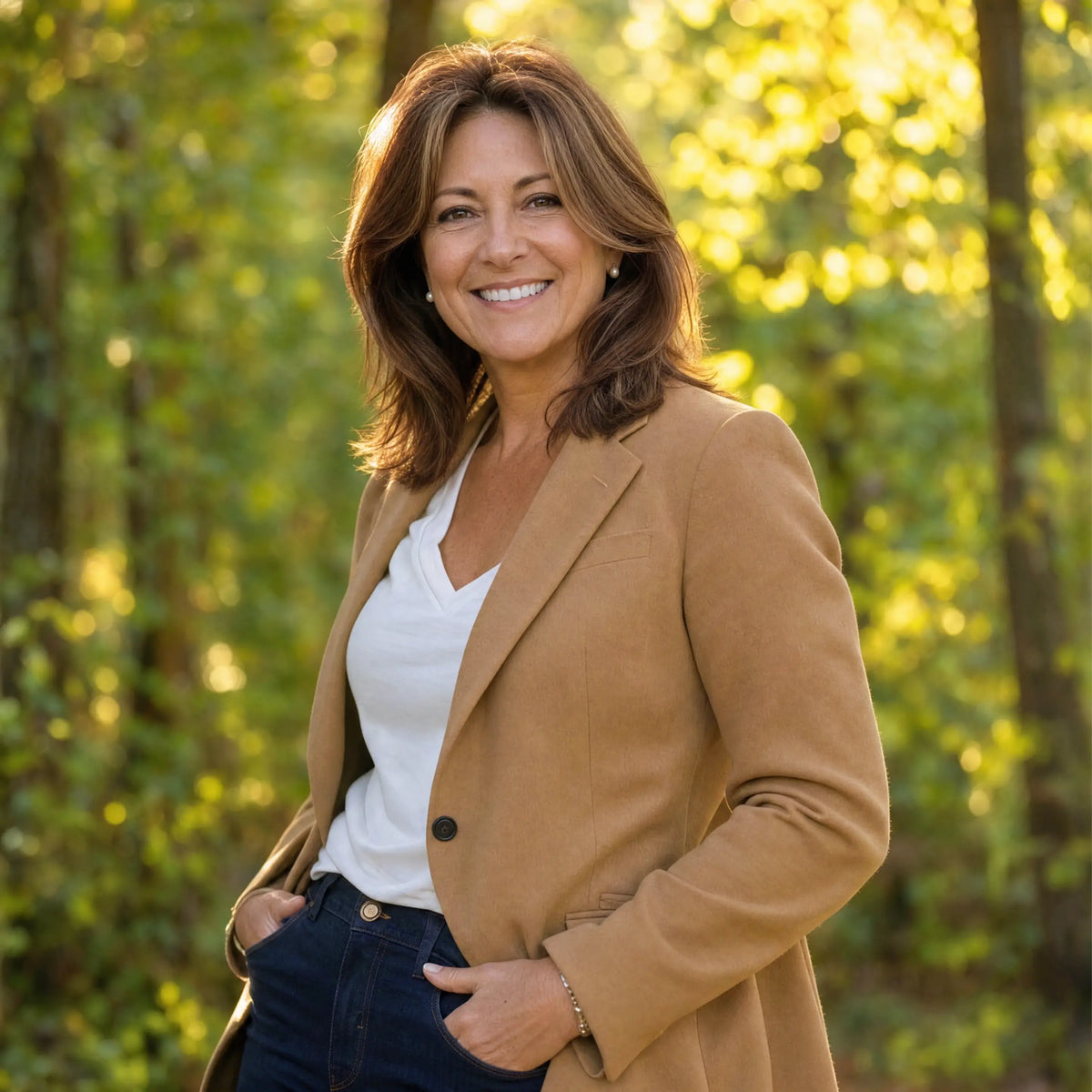 A smiling woman with shoulder-length brown hair stands outdoors in a sunlit forest, wearing a camel tan blazer over a white V-neck top and dark blue jeans.