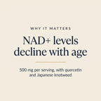 A text-based graphic on a warm cream background reading 'WHY IT MATTERS NAD+ levels decline with age' and '500 mg per serving, with quercetin and Japanese knotweed' in dark navy and small gold line accents.