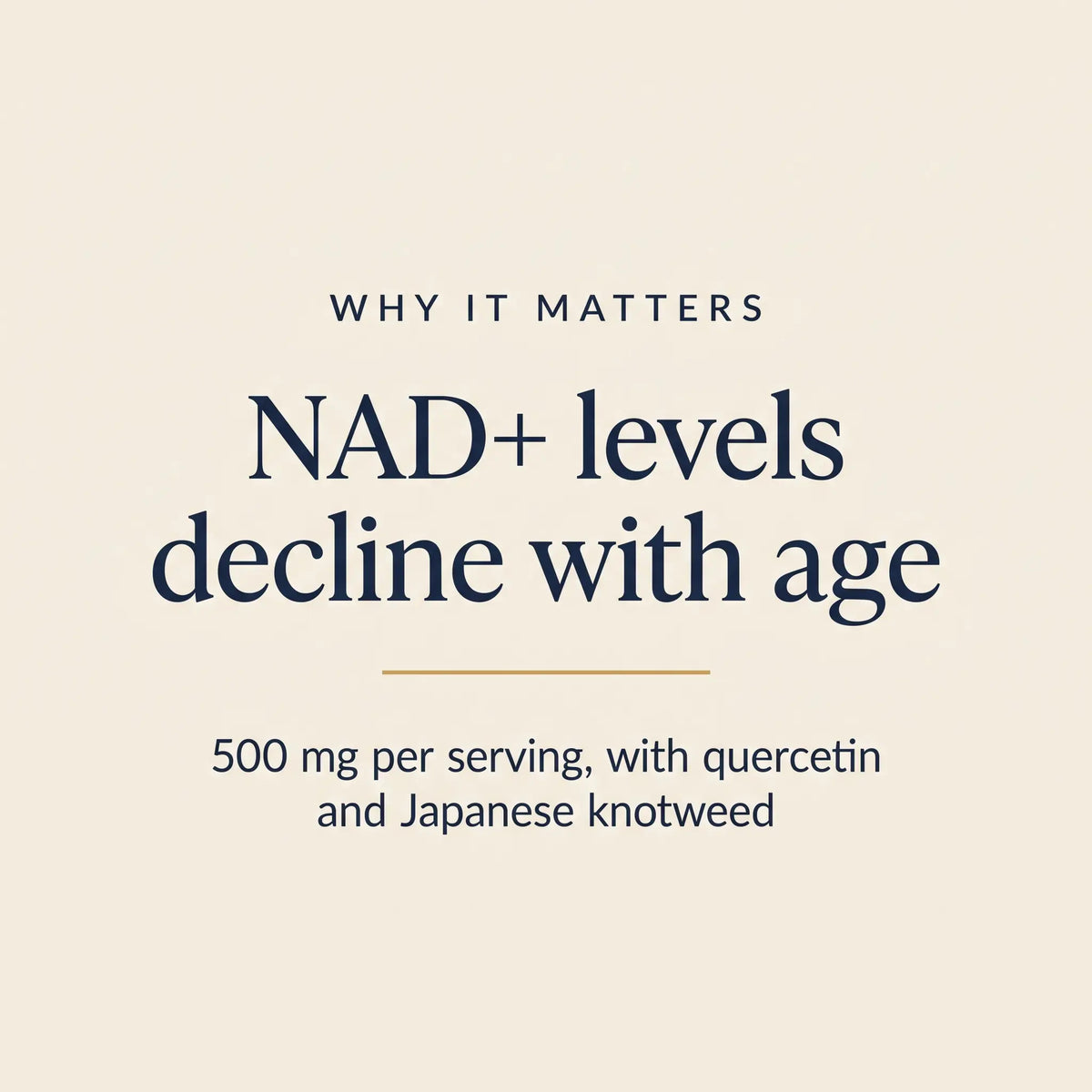 A text-based graphic on a warm cream background reading 'WHY IT MATTERS NAD+ levels decline with age' and '500 mg per serving, with quercetin and Japanese knotweed' in dark navy and small gold line accents.