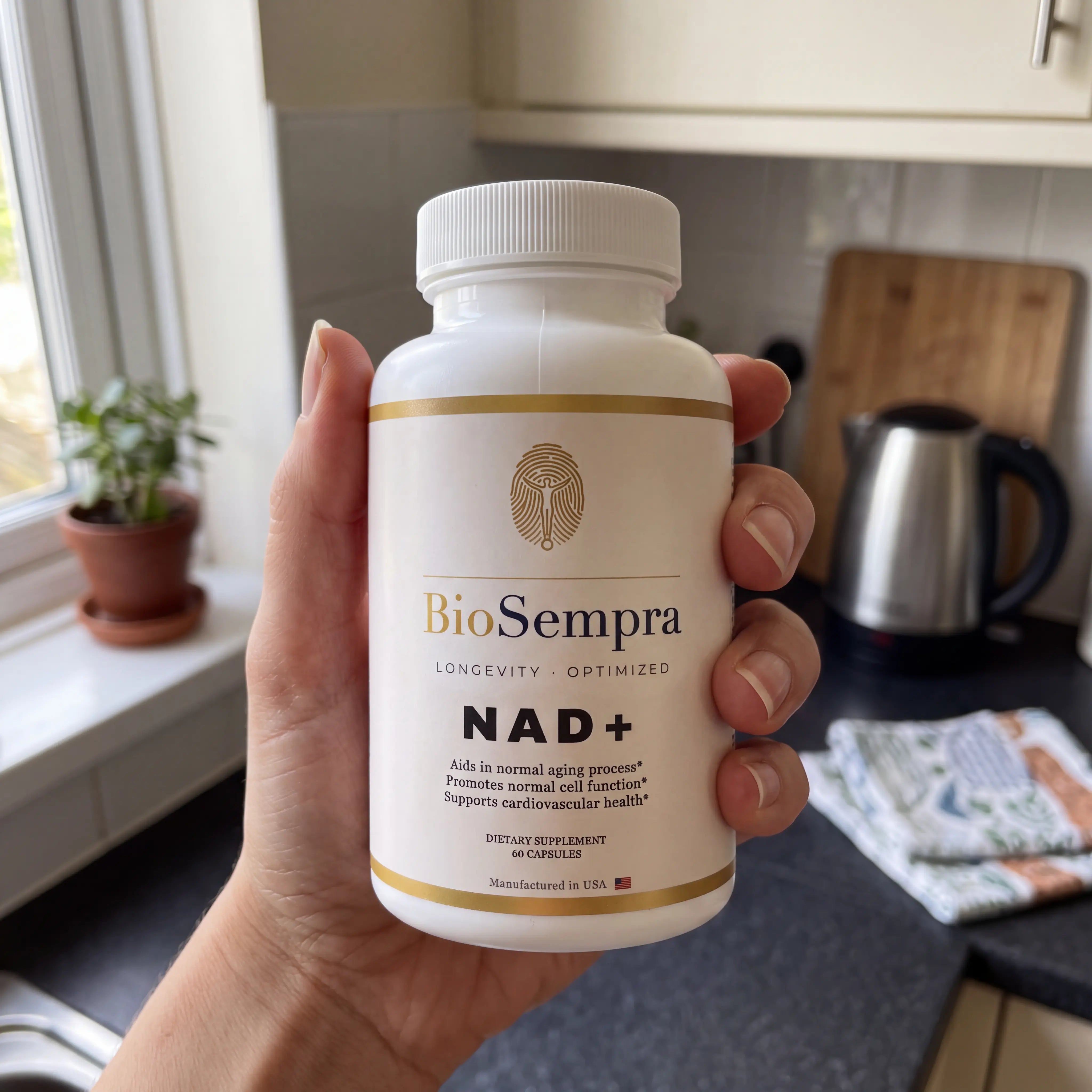 A hand holding a white bottle of BioSempra NAD+ dietary supplement in front of a blurred kitchen background.