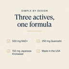 A clean promotional graphic on a warm off-white background with dark navy text reading 'SIMPLE BY DESIGN' and 'Three actives, one formula,' plus four checkmark callouts: 500 mg NAD+, 250 mg Quercetin, 150 mg Japanese Knotweed, and Made in the USA.