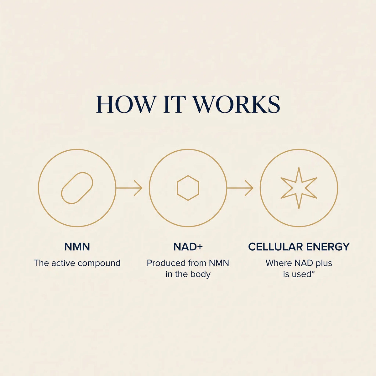 An infographic titled 'HOW IT WORKS' on a warm beige background, showing three circular steps.