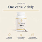 Instruction graphic showing two capsules on a light beige background with the text 'HOW TO USE". 1 capsule per serving, 500 mg NMN per serving, 30 capsules one month supply