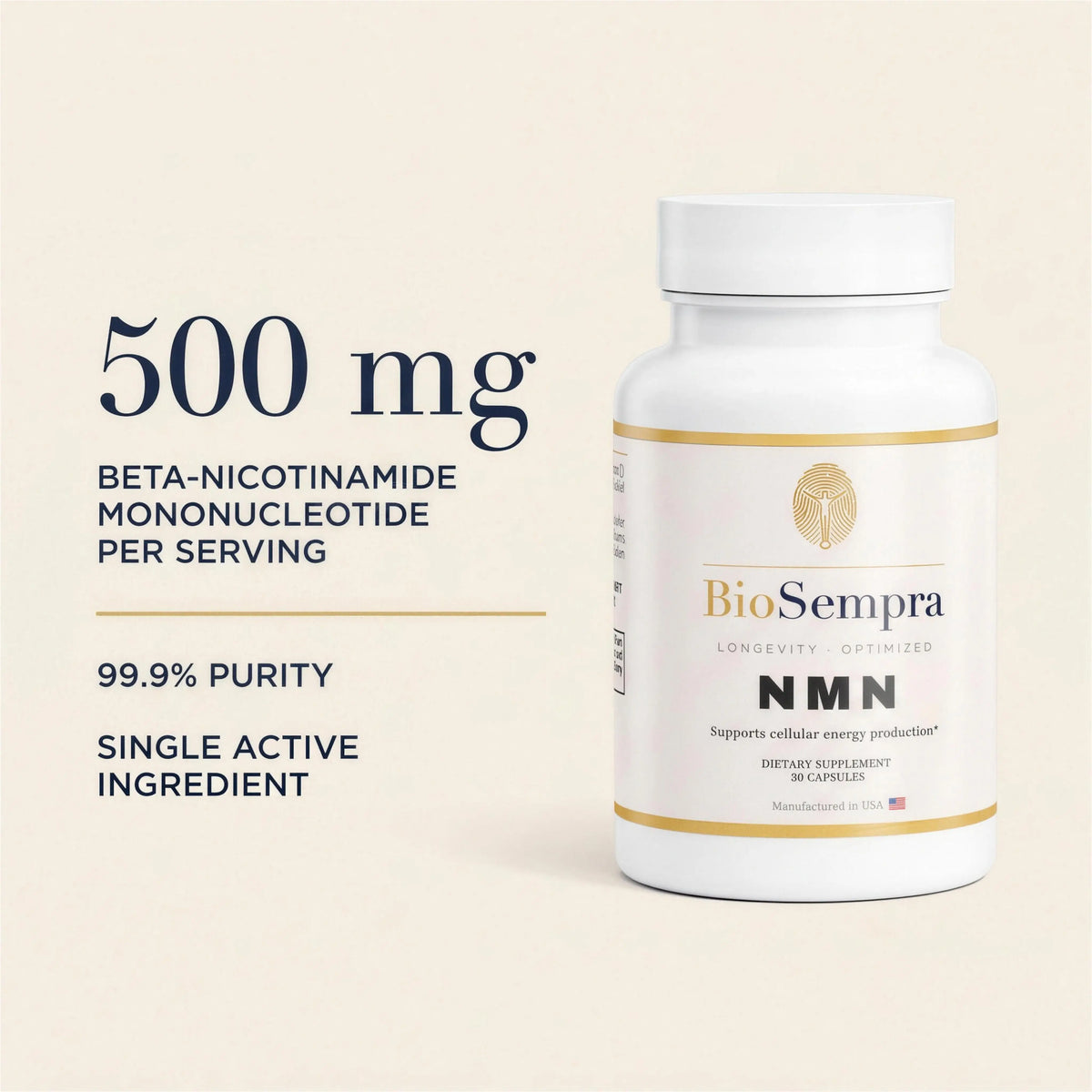 BioSempra NMN dietary supplement bottle on a light beige background with text highlighting 500 mg beta-nicotinamide mononucleotide per serving, 99.9% purity, and single active ingredient.