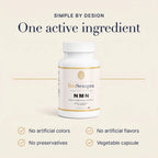 A white bottle of BioSempra NMN dietary supplement centered on a light beige background with dark navy text reading 'One active ingredient' and feature callouts below.