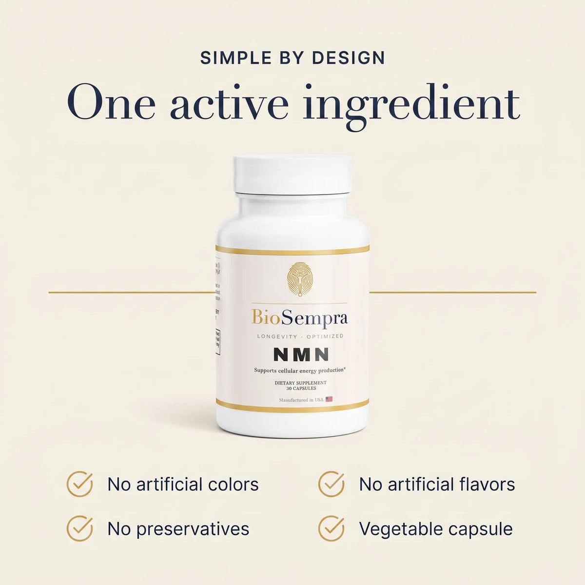 A white bottle of BioSempra NMN dietary supplement centered on a light beige background with dark navy text reading 'One active ingredient' and feature callouts below.