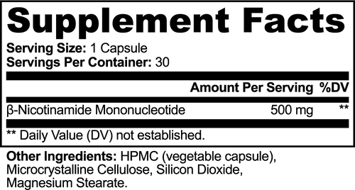 Supplement facts label with serving size, servings per container, and ingredient list for BioSempra NMN.