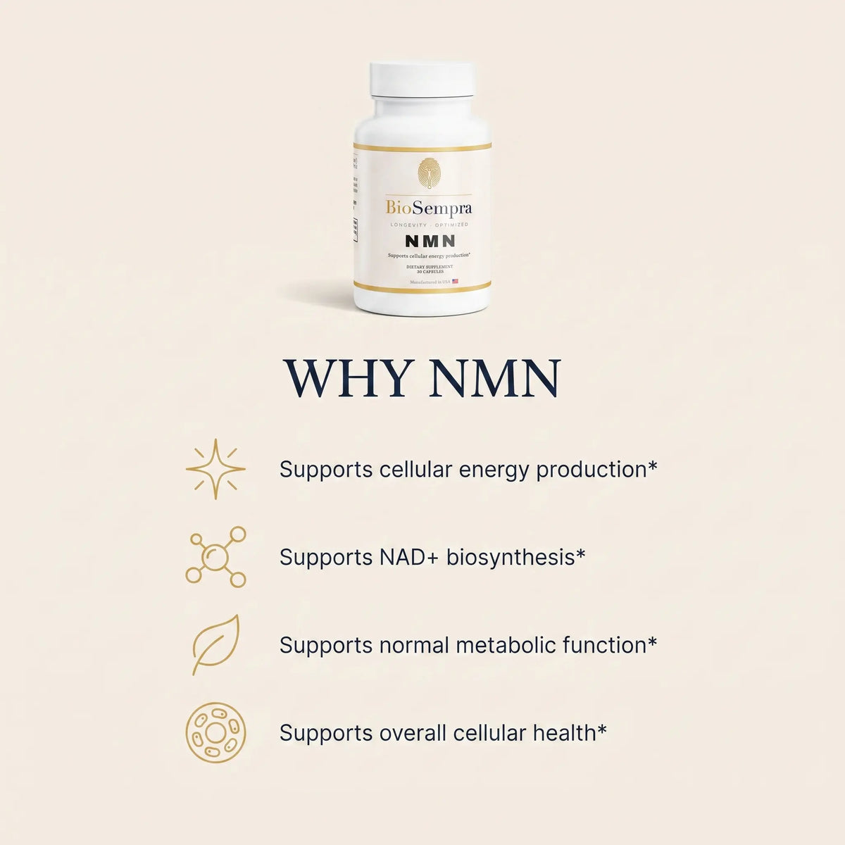 An informational graphic on a warm cream background with the heading 'WHY NMN' and four gold-outlined icons and phrases.